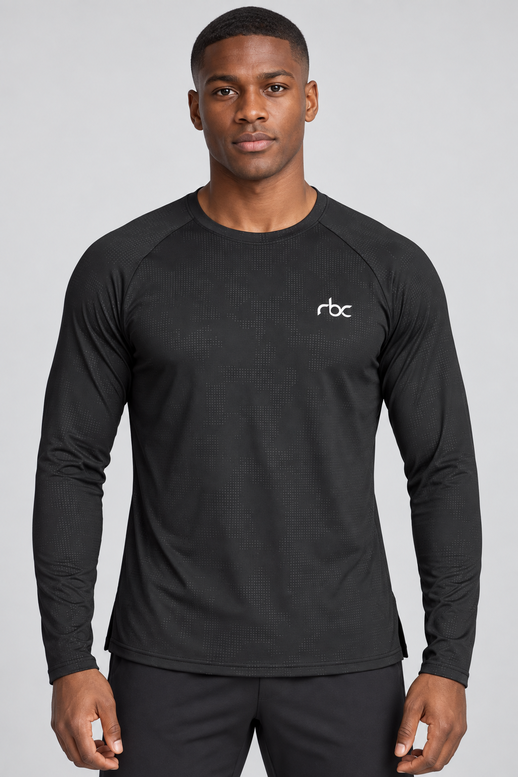 RBC Men's Grid-Texture Raglan Long Sleeve Training Top - Black front view