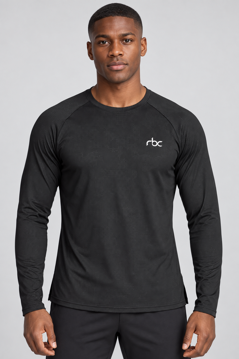 RBC Men's Grid-Texture Raglan Long Sleeve Training Top - Black front view